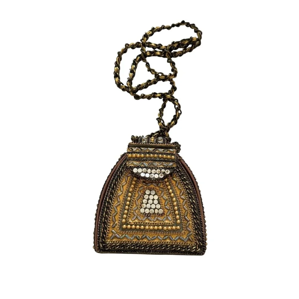 Mary Frances Beaded Mini Crossbody Bag Wearable Art Deco Gold Metal Suede Purse